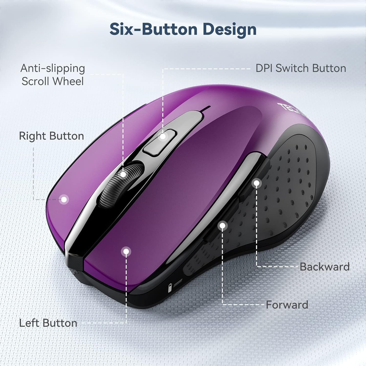 2.4G Wireless Mouse for Laptop, PC, Computer, 6 Buttons 2600 DPI, 5 Adjustment Levels, Purple
