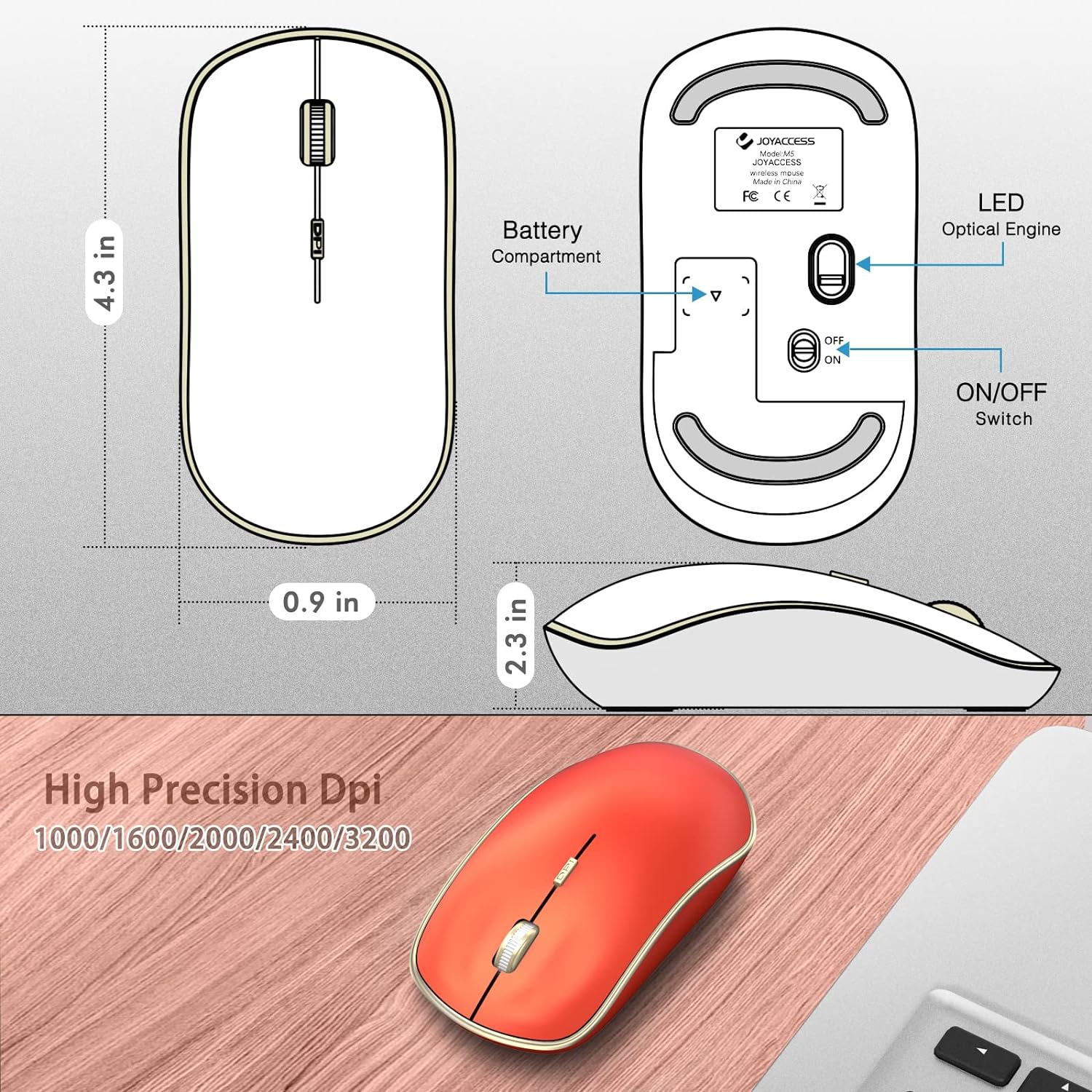 2.4G Computer Mouse Wireless, Silent Wireless Mouse, Portable Ergonomic Wireless Mouse with 5 Adjustable DPI Levels, Cordless Mouse for Desktop,