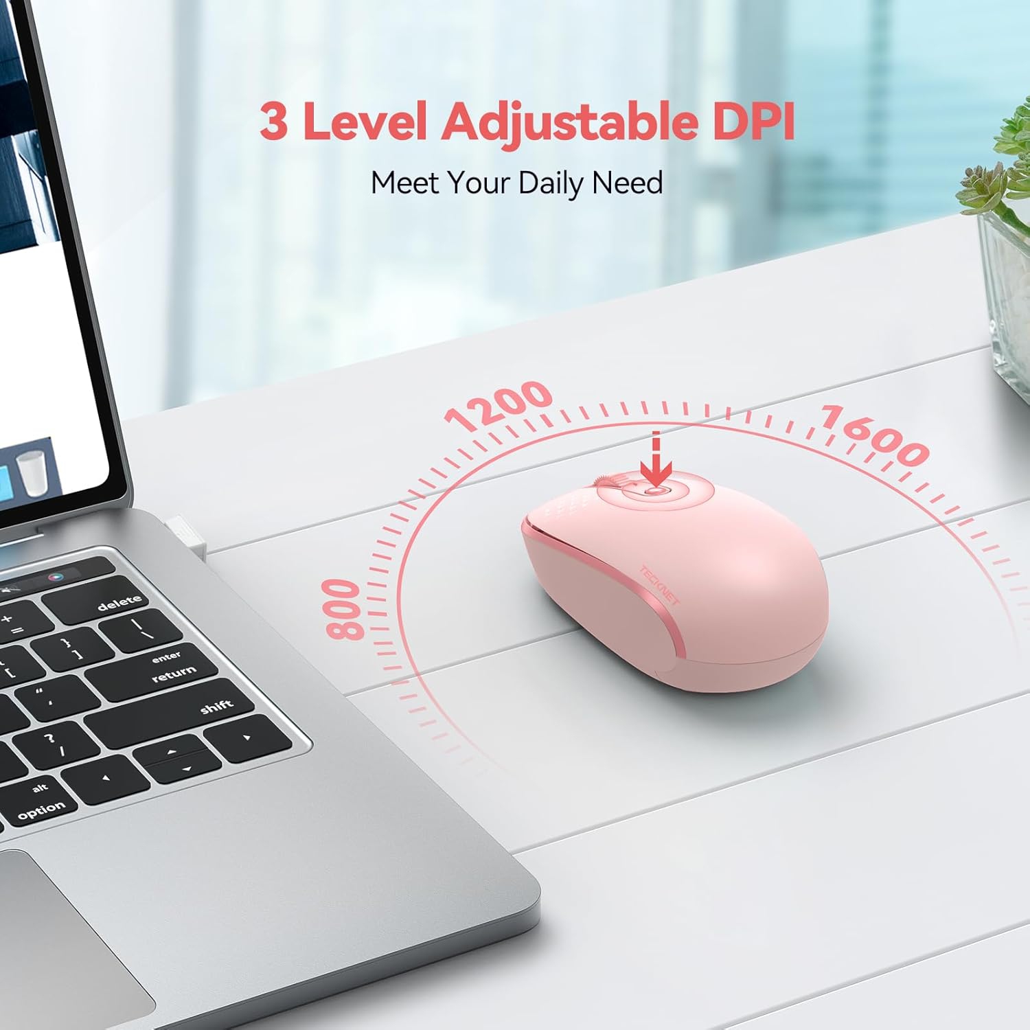 Wireless Mouse, 2.4G Quiet Computer Mouse with USB Receiver, 4 Buttons Portable Cordless Mice for Laptop, PC, Pink