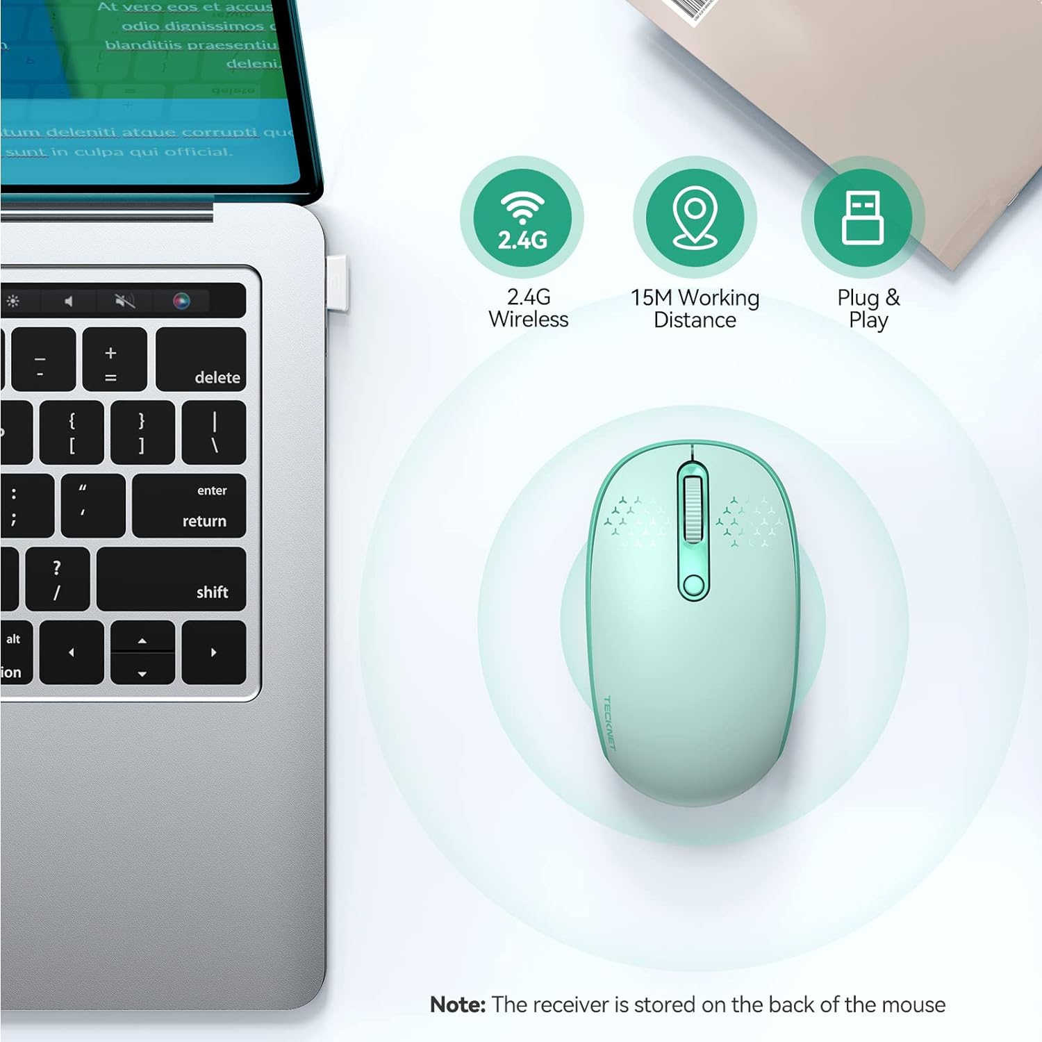 Wireless Mouse, 2.4G Quiet Computer Mouse with USB Receiver, 4 Buttons Portable Cordless Mice for Laptop, PC, Green