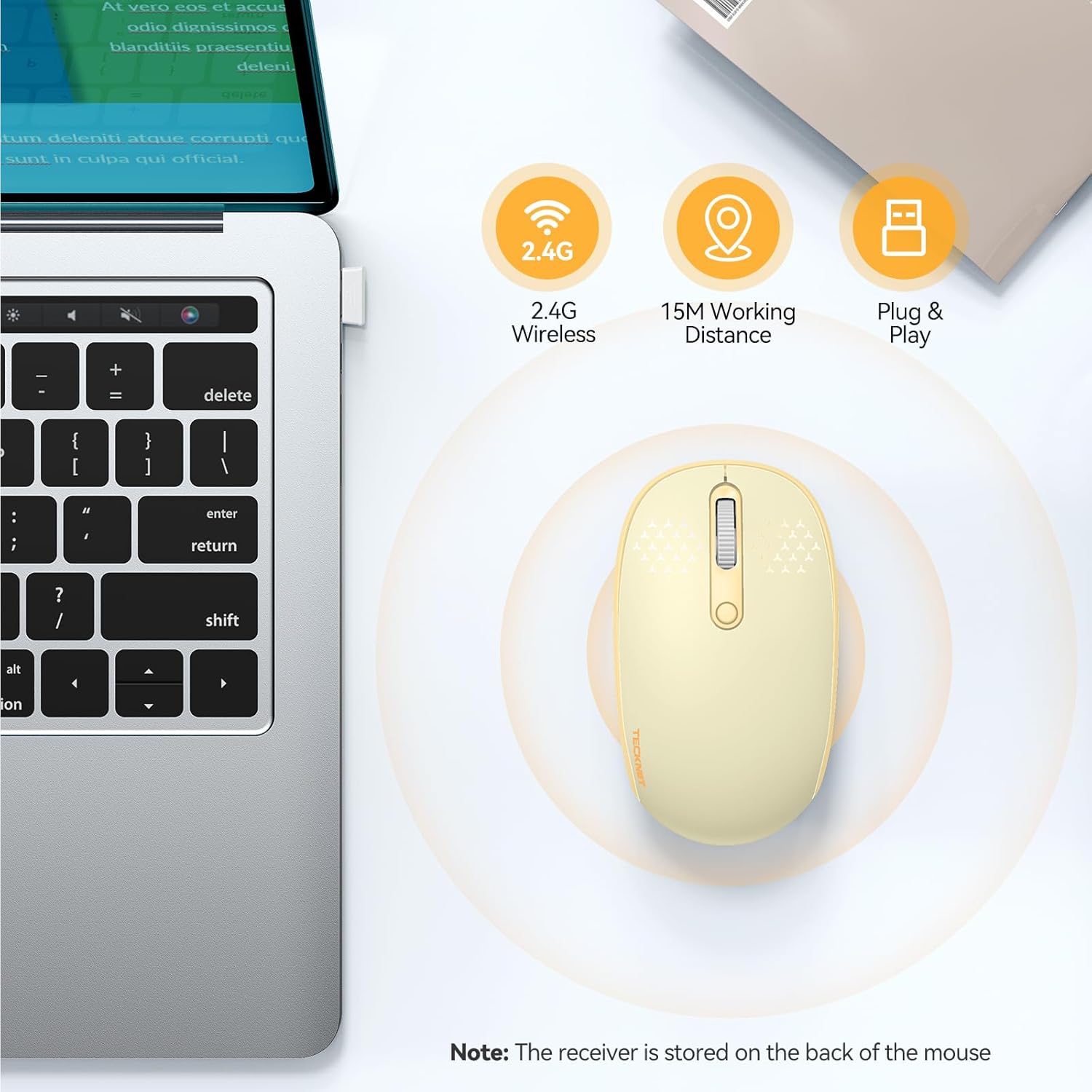 Wireless Mouse, 2.4G Quiet Computer Mouse with USB Receiver, 4 Buttons Portable Cordless Mice for Laptop, PC, Yellow