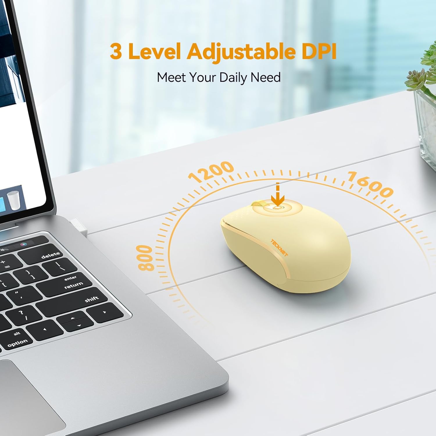 Wireless Mouse, 2.4G Quiet Computer Mouse with USB Receiver, 4 Buttons Portable Cordless Mice for Laptop, PC, Yellow