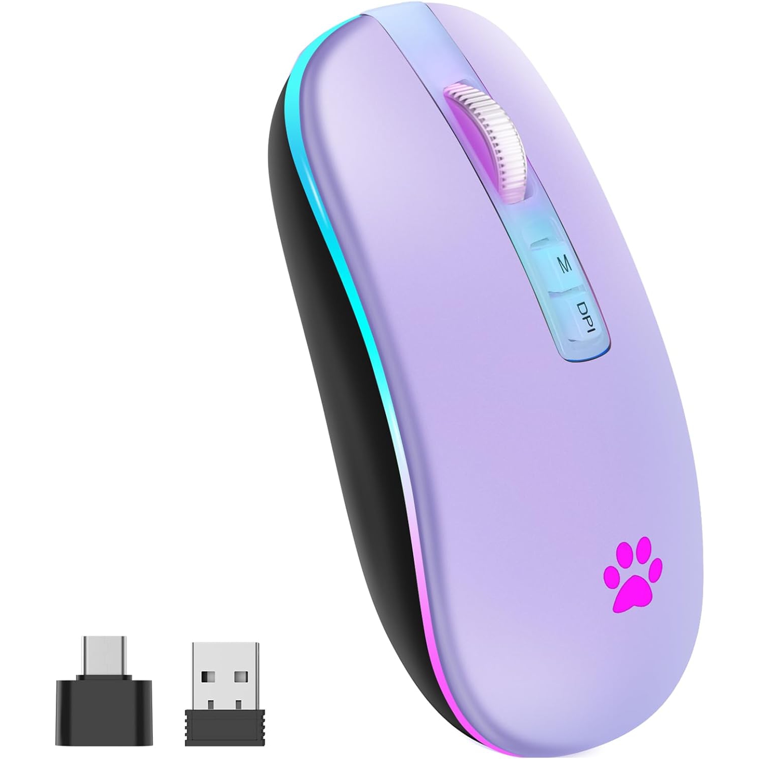 Wireless Mouse, 2.4G Rechargeable Wireless Mouse, LED Portable Slim Computer Mouse for Laptop, PC, Computer, MacBook, Light Purple
