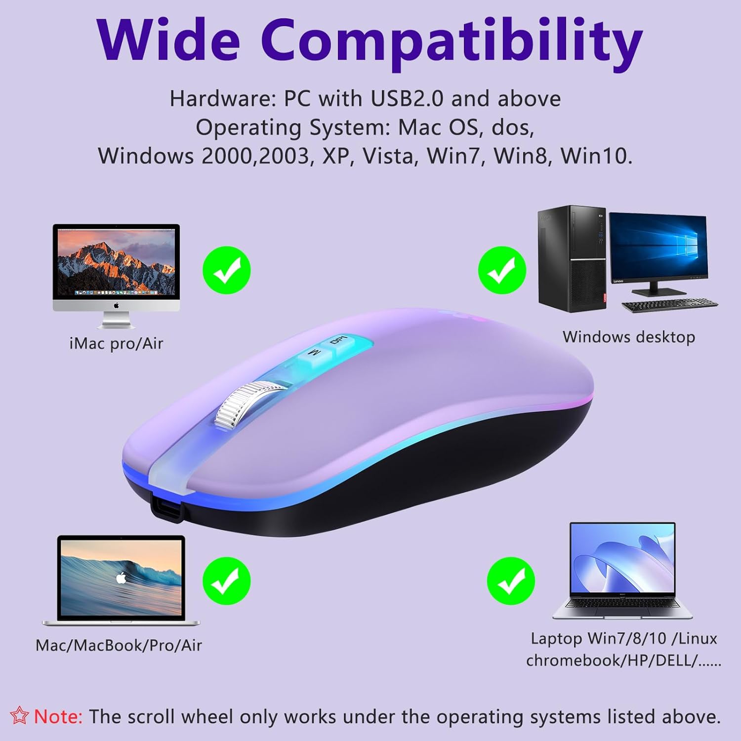 Wireless Mouse, 2.4G Rechargeable Wireless Mouse, LED Portable Slim Computer Mouse for Laptop, PC, Computer, MacBook, Light Purple