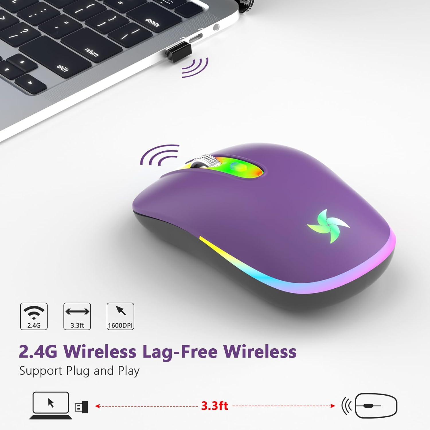 Wireless Mouse, 2.4G Portable Mouse with USB Receiver, Computer Cordless Mouse, Portable Wireless Computer Mice for Laptop, PC, Purple
