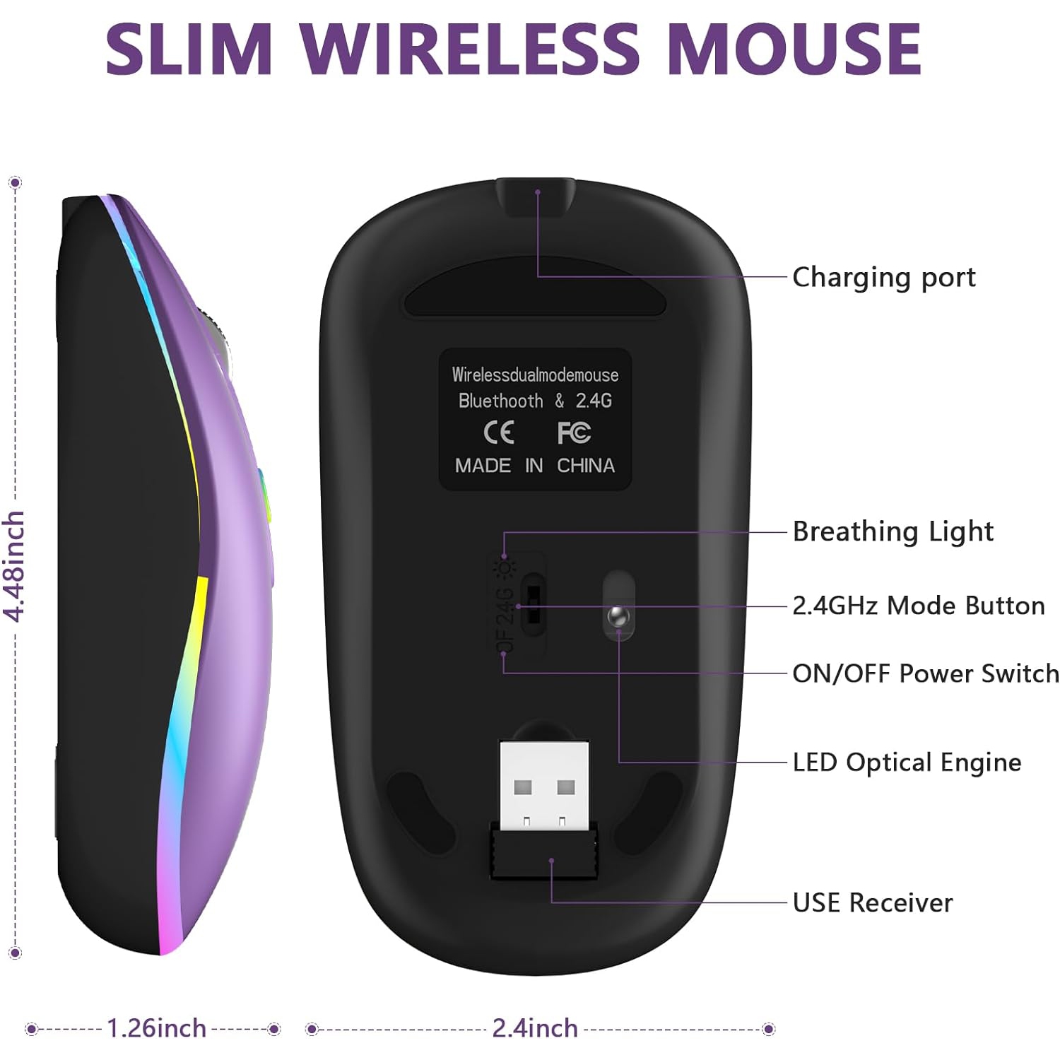 Wireless Mouse, 2.4G Portable Mouse with USB Receiver, Computer Cordless Mouse, Portable Wireless Computer Mice for Laptop, PC, Purple