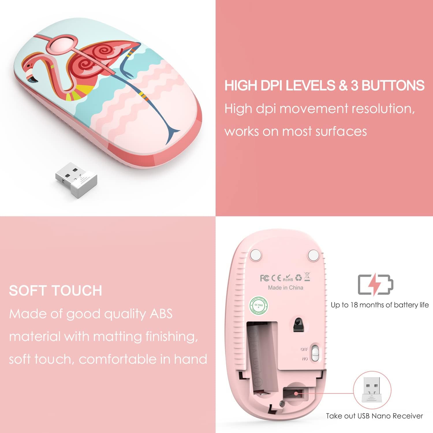 2.4G Slim Wireless Mouse Portable Computer Mouse with Nano Receiver,Mobile Optical Mice for PC, Laptop, Computer, Mac, Flamingo Pink