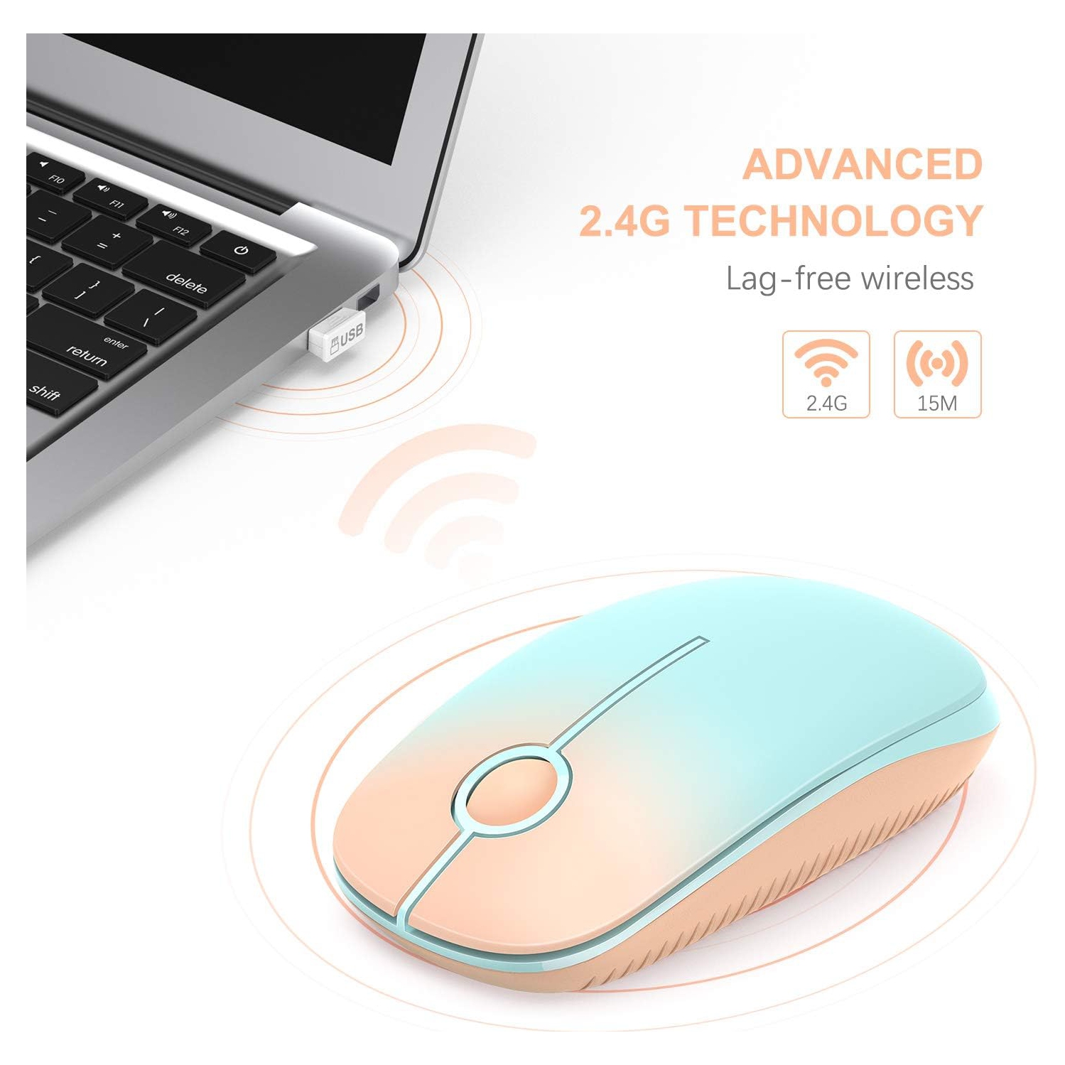 2.4G Slim Wireless Mouse Portable Computer Mouse with Nano Receiver,Mobile Optical Mice for PC, Laptop, Computer, Mac, Gradient Orange to Mint Green