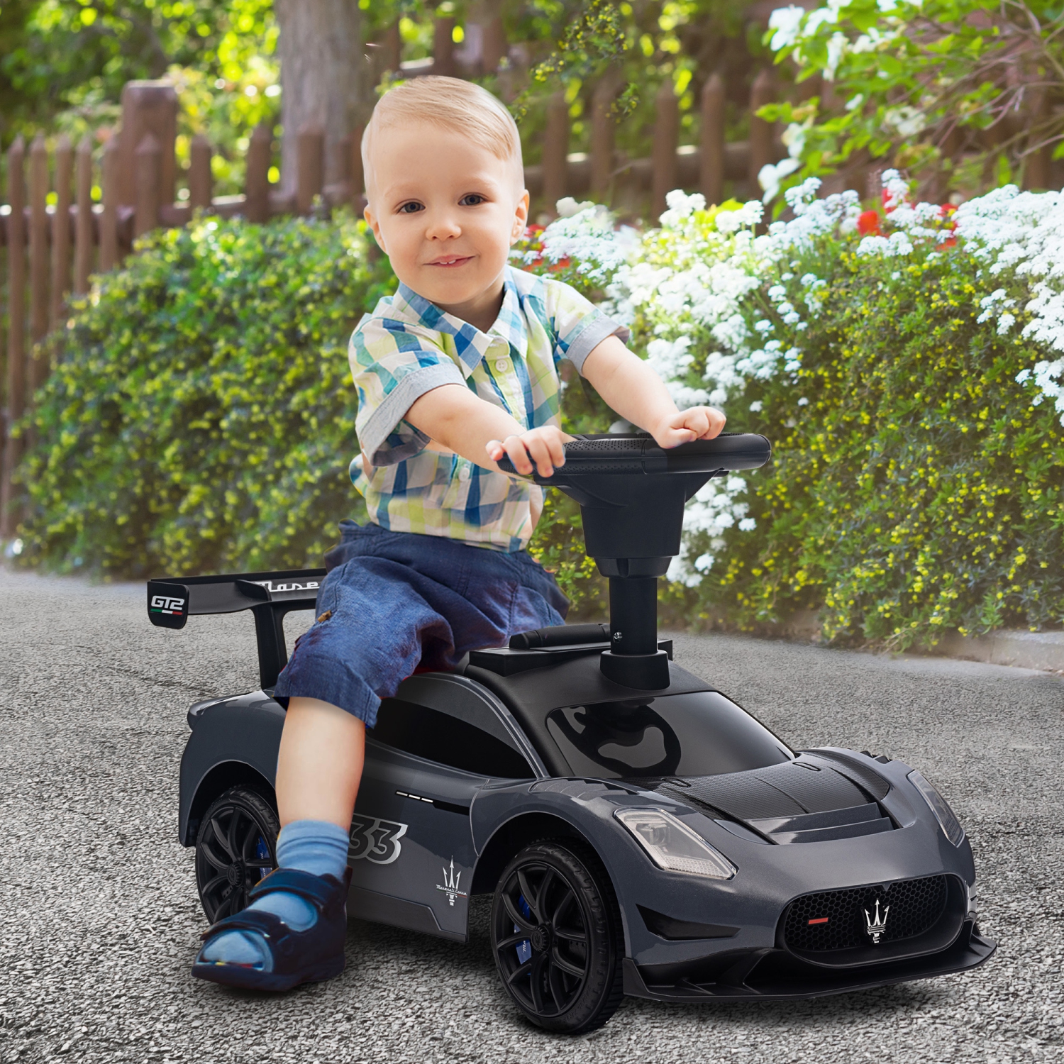 Qaba Maserati GT2 Licensed Sit to Stand Baby Car, Ride on Toy for Toddlers, Kids Sliding Car Style with Under Seat Storage, LED Headlights Music MP3,