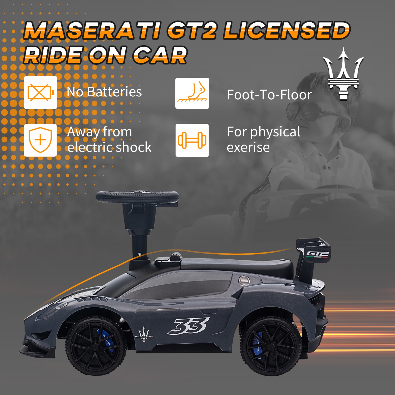 Qaba Maserati GT2 Licensed Sit to Stand Baby Car, Ride on Toy for Toddlers, Kids Sliding Car Style with Under Seat Storage, LED Headlights Music MP3,