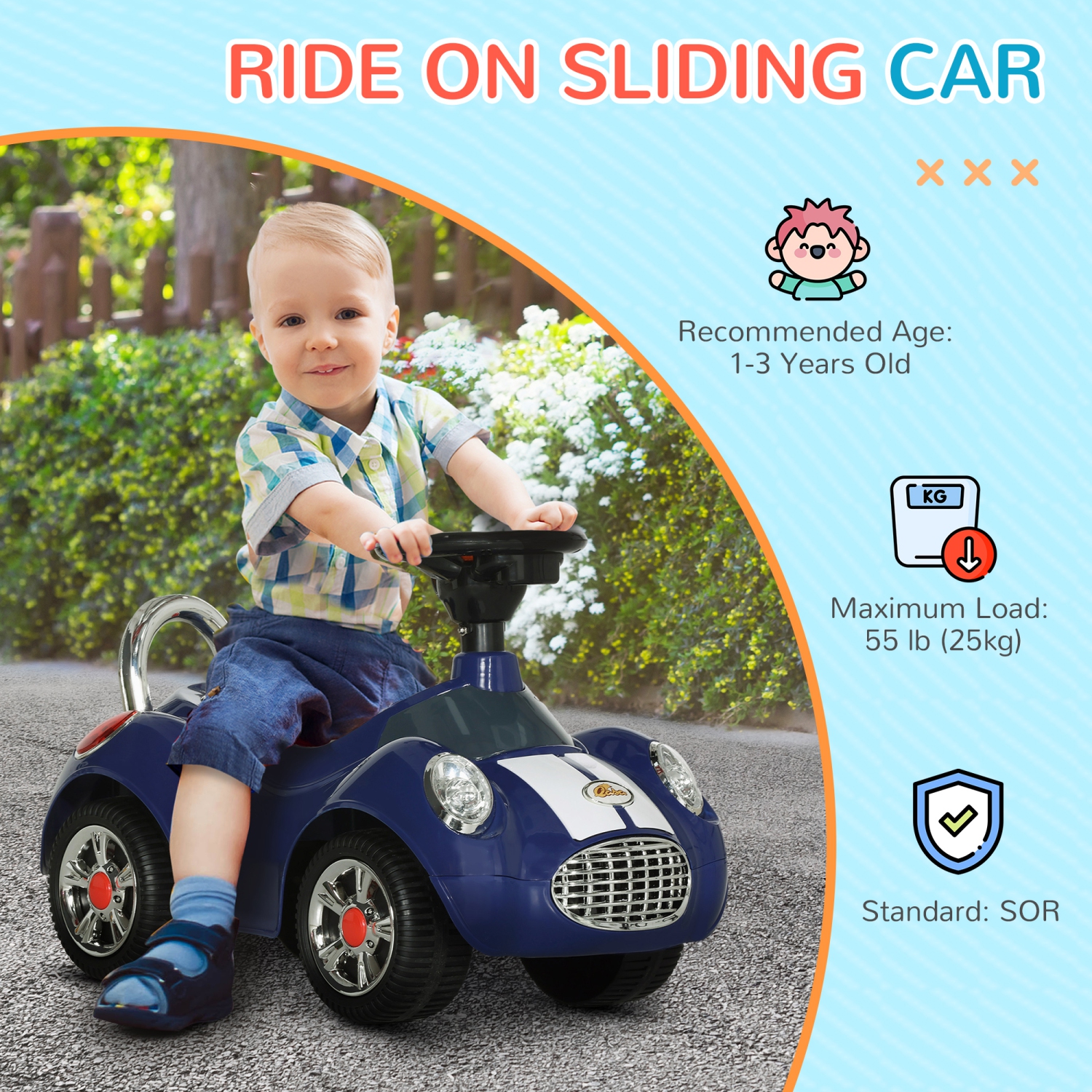 Voiture de bébé Qaba, voiture à pousser avec musique, klaxon, lumière, jouet porteur coulissant pied-sur-plancher pour tout-petits, bleu foncé