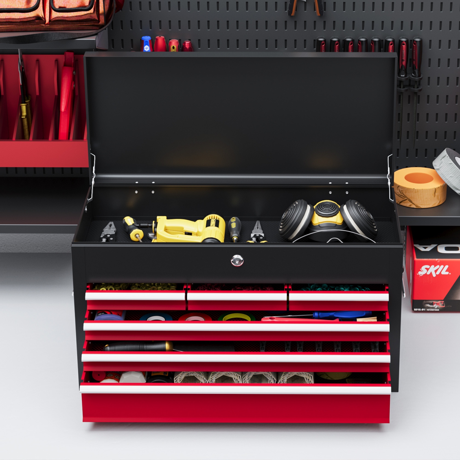 HOMCOM 6 Drawer Lockable Tool Box with Top Case, Ball Bearing Slides, 24" Portable Tool Chest for Garage, Household and Warehouse, Red