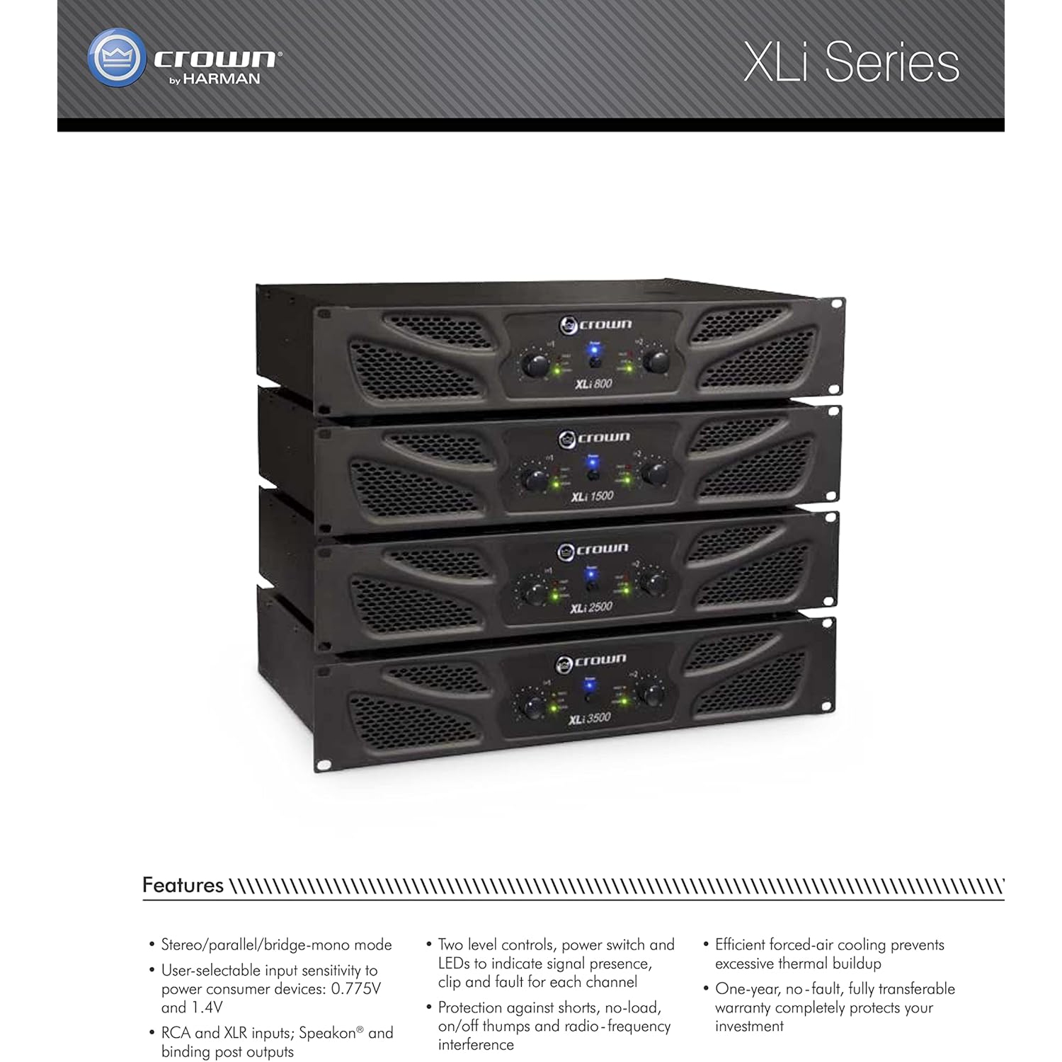 Amplificateur de puissance à deux canaux de 300 W à 4 „¦ XLi800 de Crown