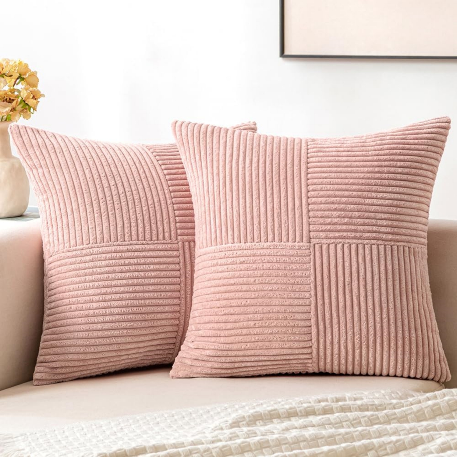 Pink Corduroy Pillow Covers Pack of 2 Boho Decorative Soft Solid Couch Pillowcases Cross Patchwork Textured Cushion Covers for Living Room Bed Sofa 18x18 inch