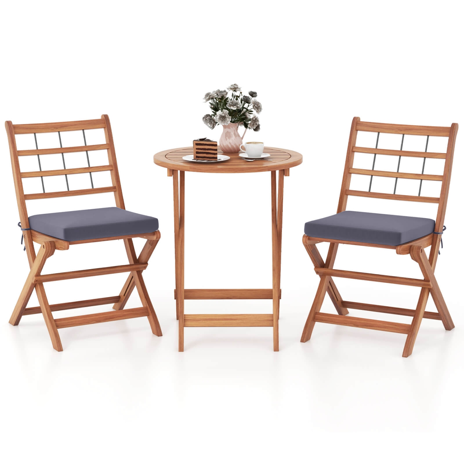 Ensemble bistro de patio en bois d'acacia 3 PCS de Costway avec table pliante et chaises avec coussins