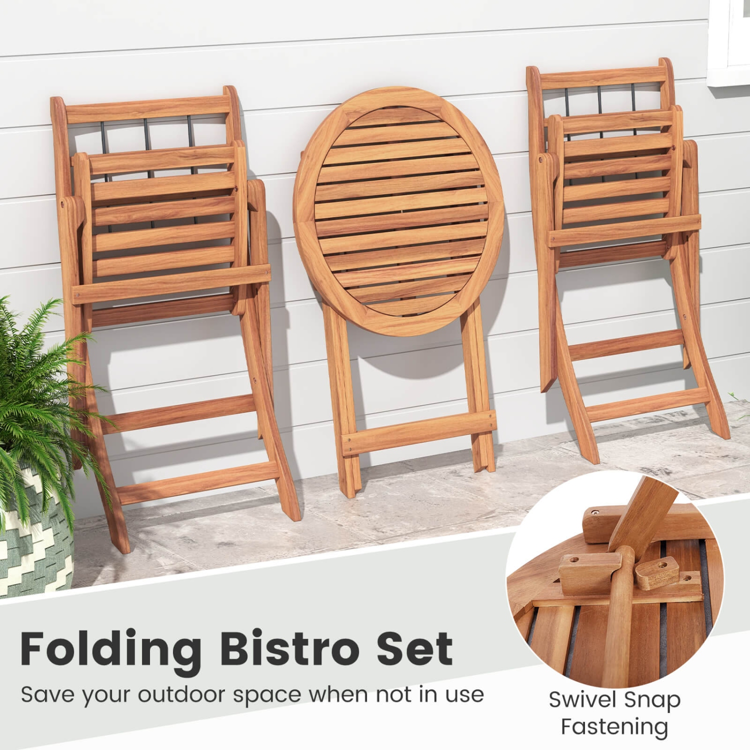 Ensemble bistro de patio en bois d'acacia 3 PCS de Costway avec table pliante et chaises avec coussins