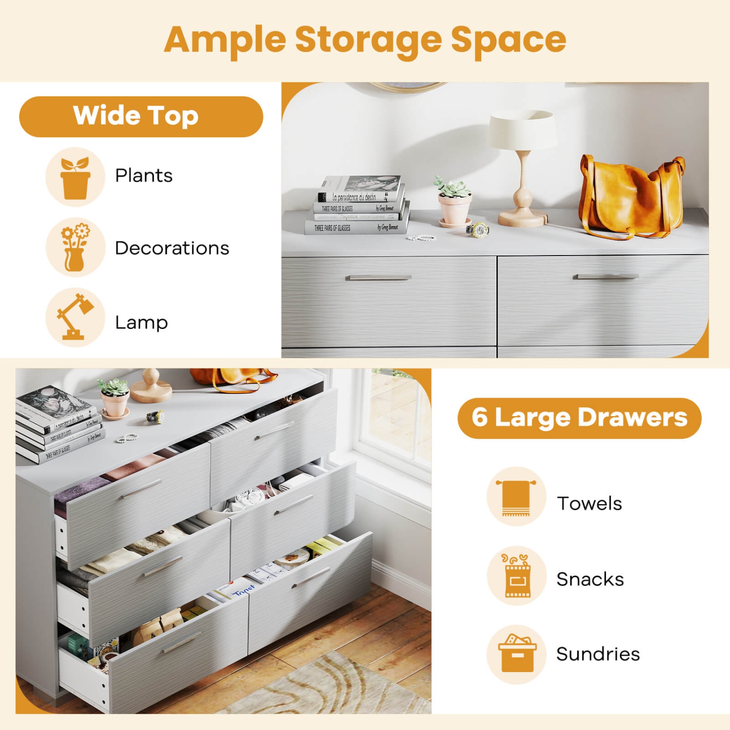Armoire de rangement à 6 tiroirs Costway avec pattes et poignées en métal Dispositifs anti-basculement