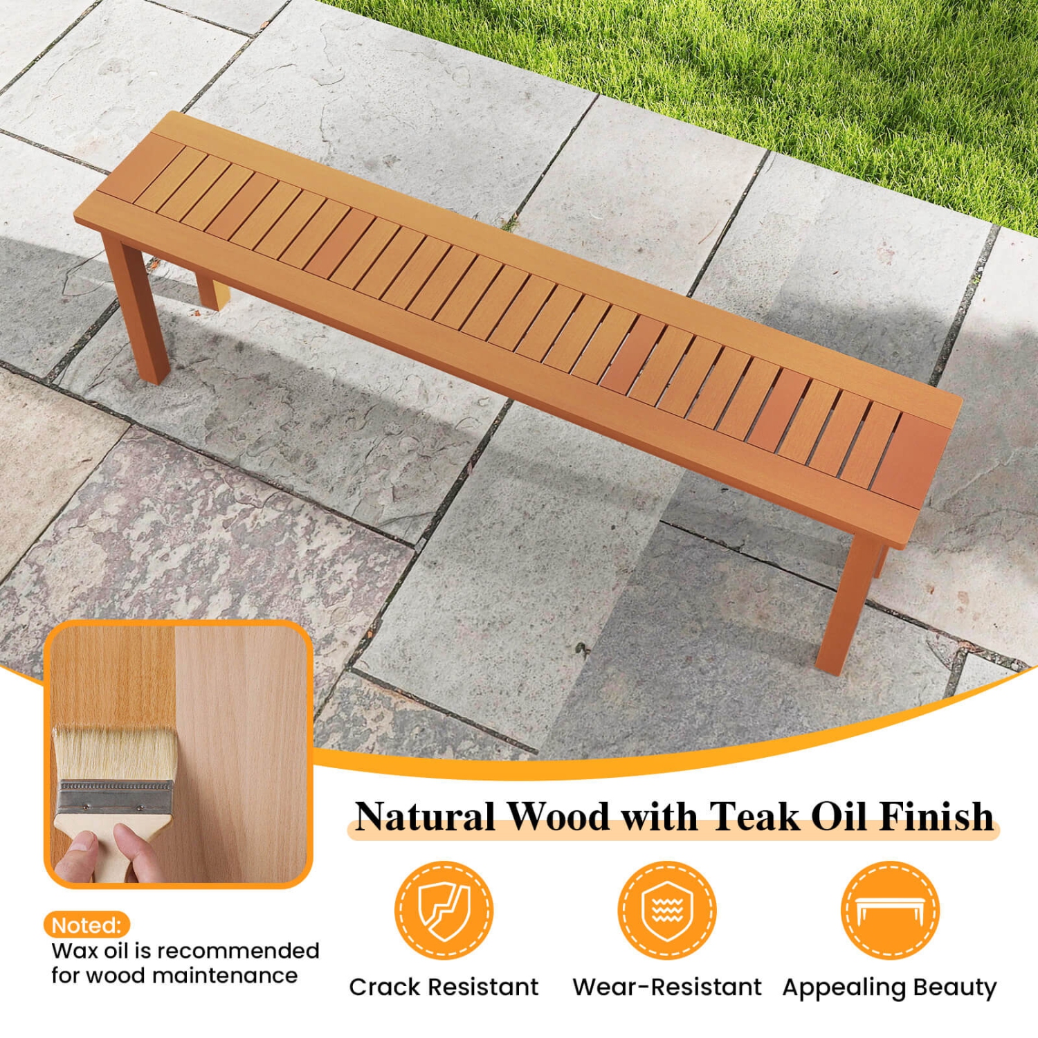 Costway 59" Long Patio Dining Bench with Teak Oil Finish & Slat Seat Accent Entryway Bench