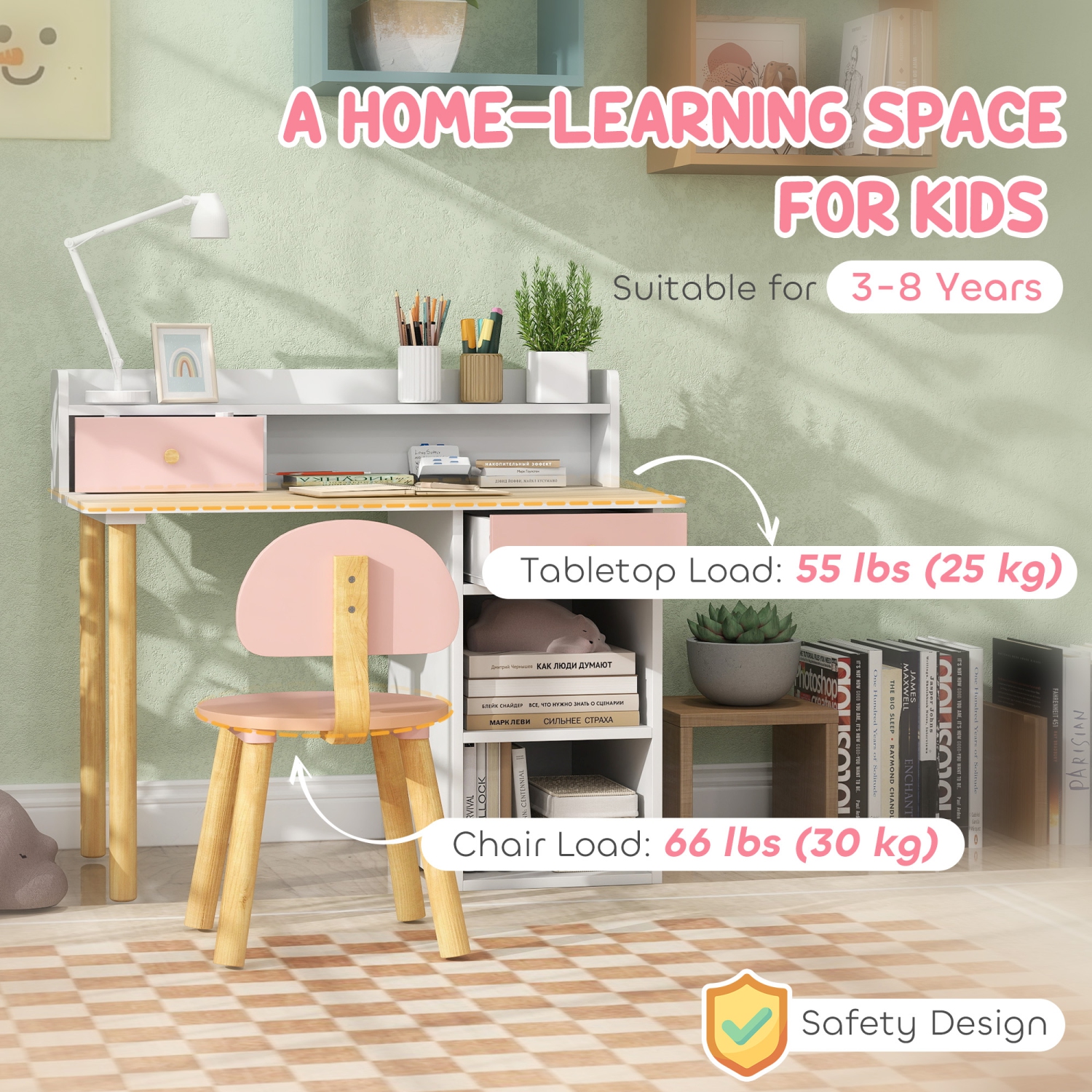 Qaba Kids Desk and Chair Set, 2 Pieces Kids Study Table and Chair Set for 3-8 Year Old, Writing Table for Bedroom, Study Room, with Storage and