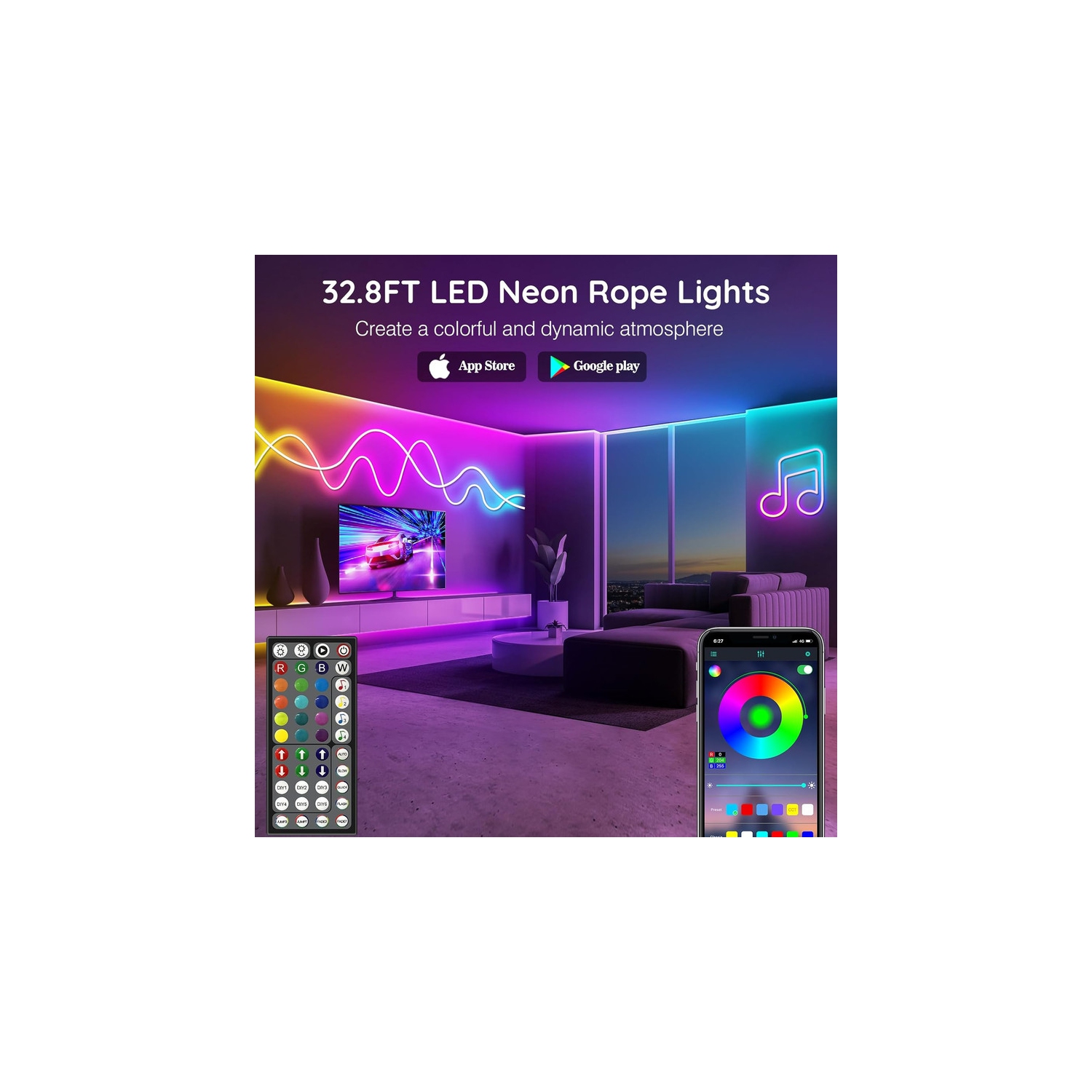 Ollny Decor – Cordon lumineux à DEL néon, 32 8 pi, contrôle avec application/télécommande, bande de néon à plusieurs modes, lumières fluorescentes