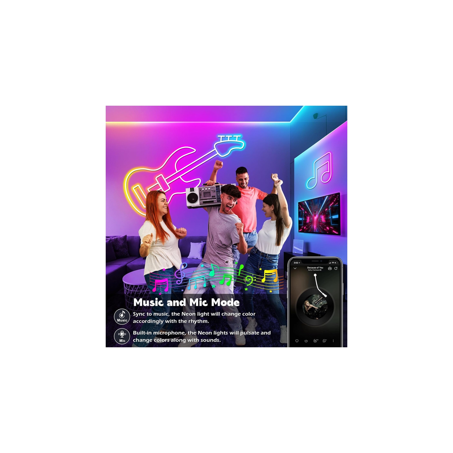 Ollny Decor – Cordon lumineux à DEL néon, 32 8 pi, contrôle avec application/télécommande, bande de néon à plusieurs modes, lumières fluorescentes