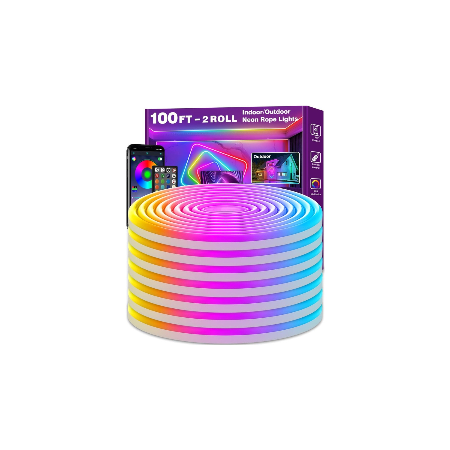 Corde lumineuse DEL fluorescente de 100 pi d'Ollny Decor, contrôle avec application/télécommande, lampes fluorescentes RVB d'extérieur IP65 étanches,