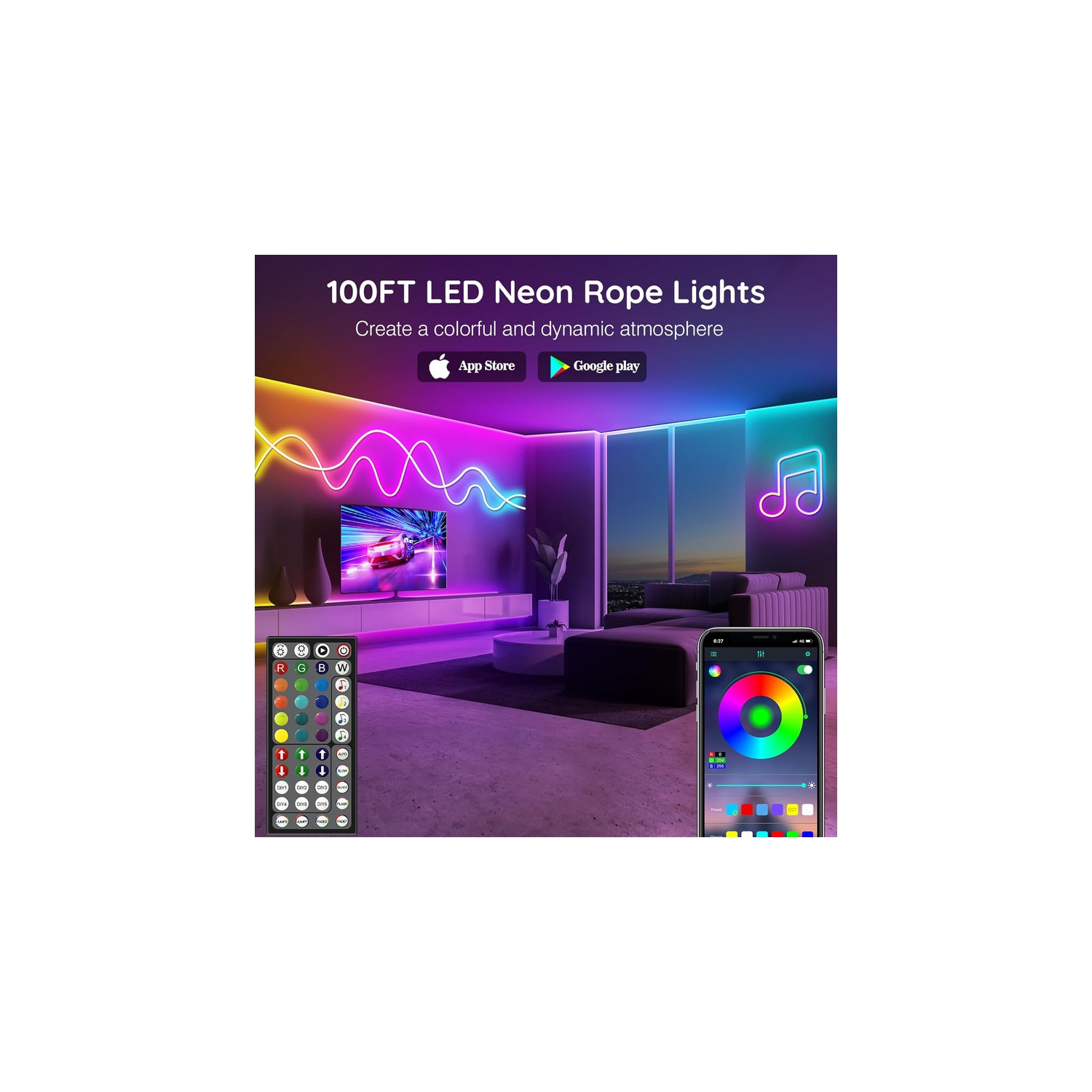 Corde lumineuse DEL fluorescente de 100 pi d'Ollny Decor, contrôle avec application/télécommande, lampes fluorescentes RVB d'extérieur IP65 étanches,