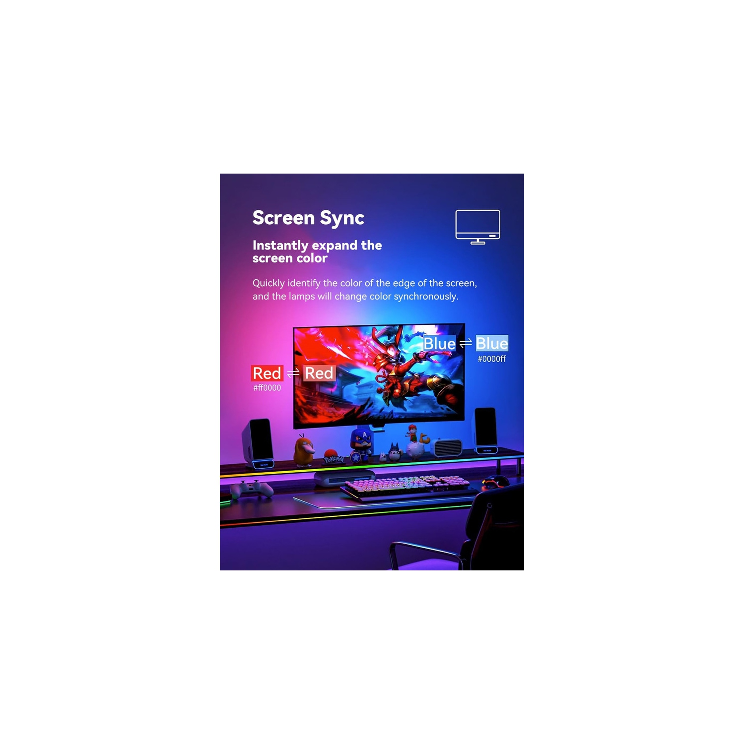 Ollny Decor 24 in Monitor LED Backlights, LED Strip Lights That Sync with Screen Color or Music, RGBIC Computer Light Bar Behind Monitor, USB