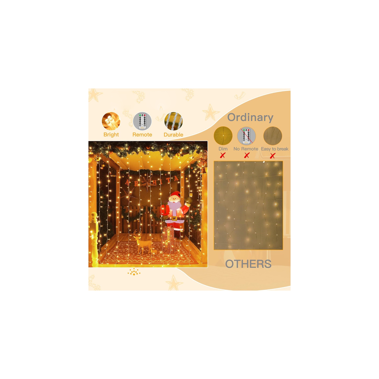 Ollny Decor Lights Curtain Lights 100LED 6.6x3.2ft, USB Christmas Curtain Lights Warm White with Remote 8 Modes Timer