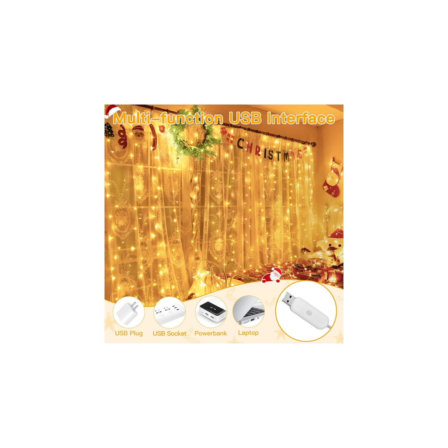 Ollny Decor Lights Curtain Lights 100LED 6.6x3.2ft, USB Christmas Curtain Lights Warm White with Remote 8 Modes Timer
