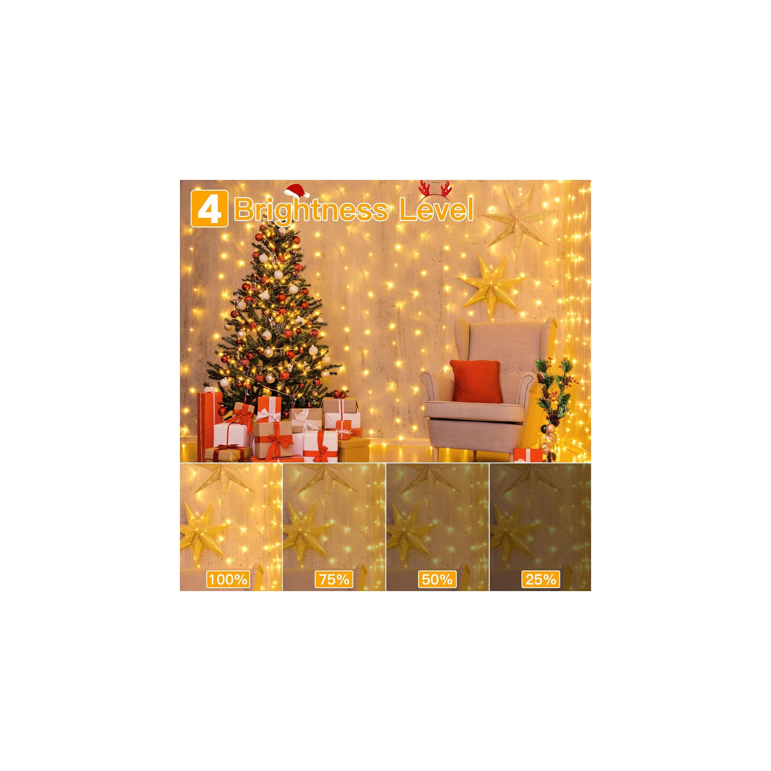 Ollny Decor Lights Curtain Lights 100LED 6.6x3.2ft, USB Christmas Curtain Lights Warm White with Remote 8 Modes Timer