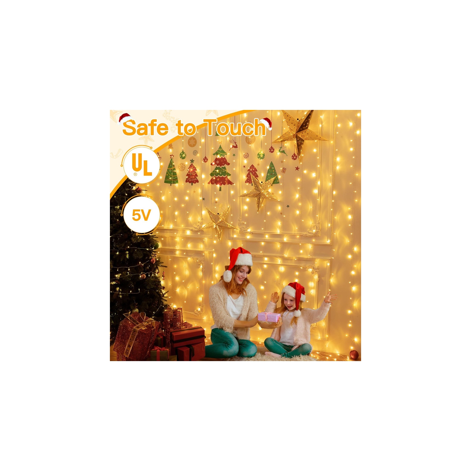 Ollny Decor Lights Curtain Lights 100LED 6.6x3.2ft, USB Christmas Curtain Lights Warm White with Remote 8 Modes Timer