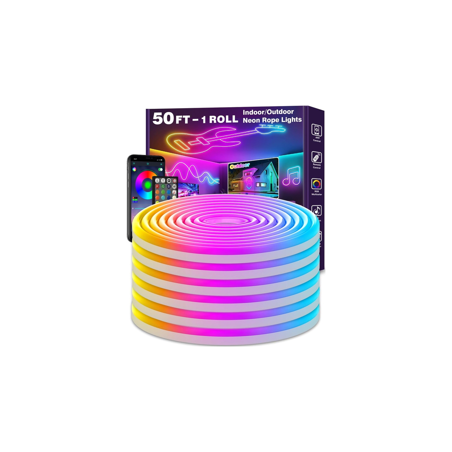 Ollny Decor Lights – Cordon lumineux à DEL néon de 50 pi, télécommande avec application/télécommande, lampes fluorescentes RVB d'extérieur IP65