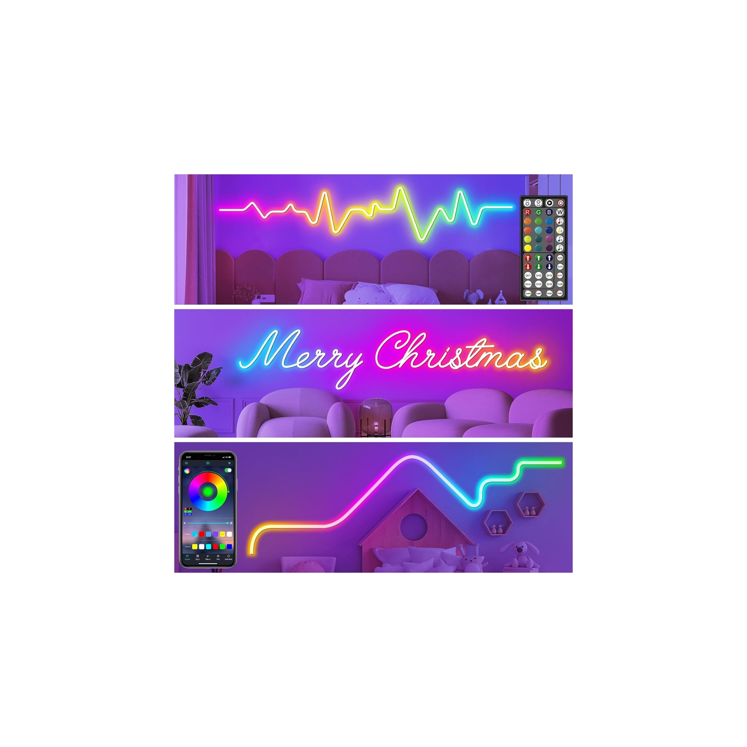 Ollny Decor Lights – Cordon lumineux à DEL néon de 50 pi, télécommande avec application/télécommande, lampes fluorescentes RVB d'extérieur IP65