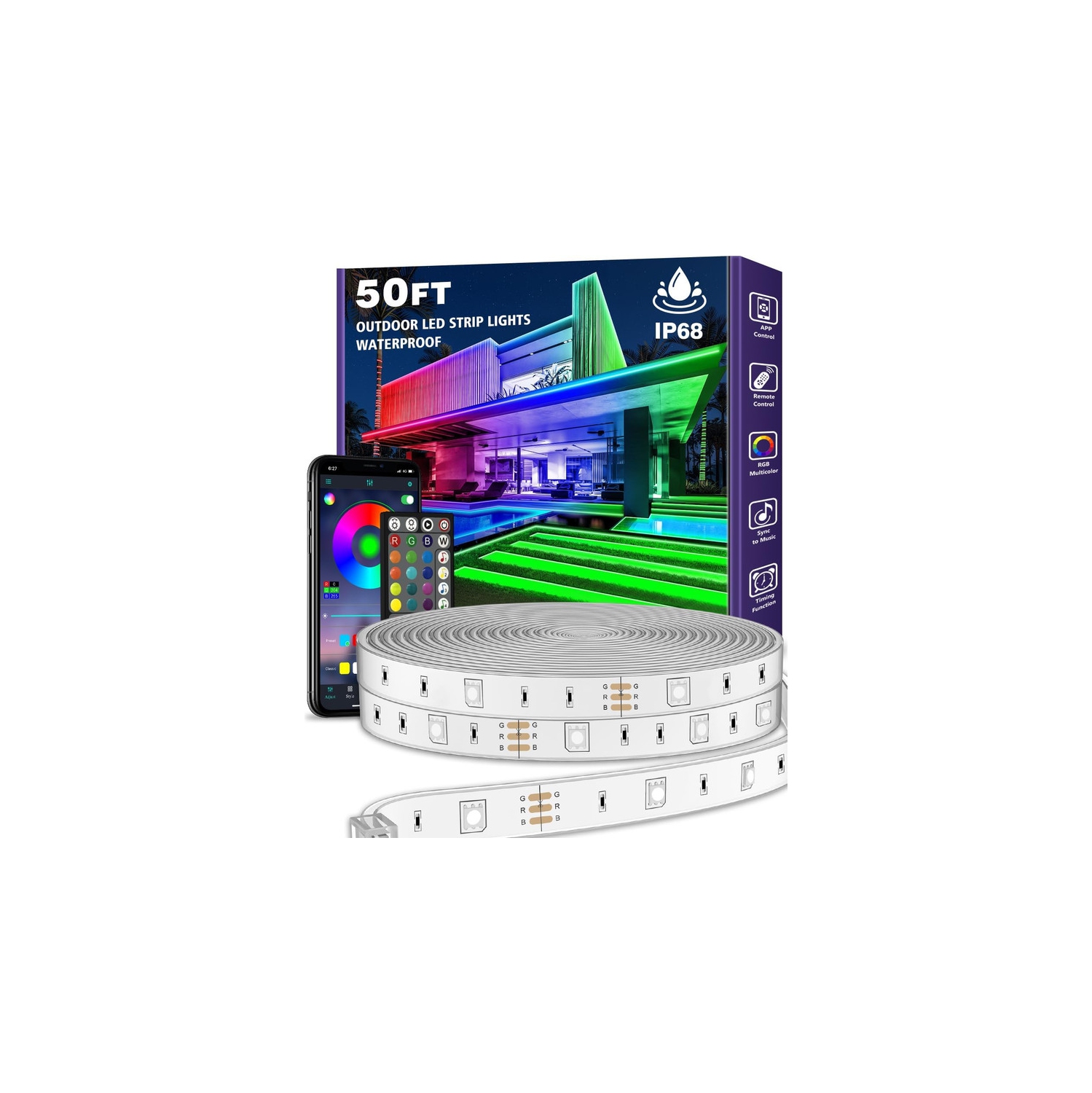 Bande lumineuse extérieure DEL 50&nbsp;pi d'Ollny Decor Lights étanche, bandes lumineuses extérieures DEL IP68 étanches avec application et