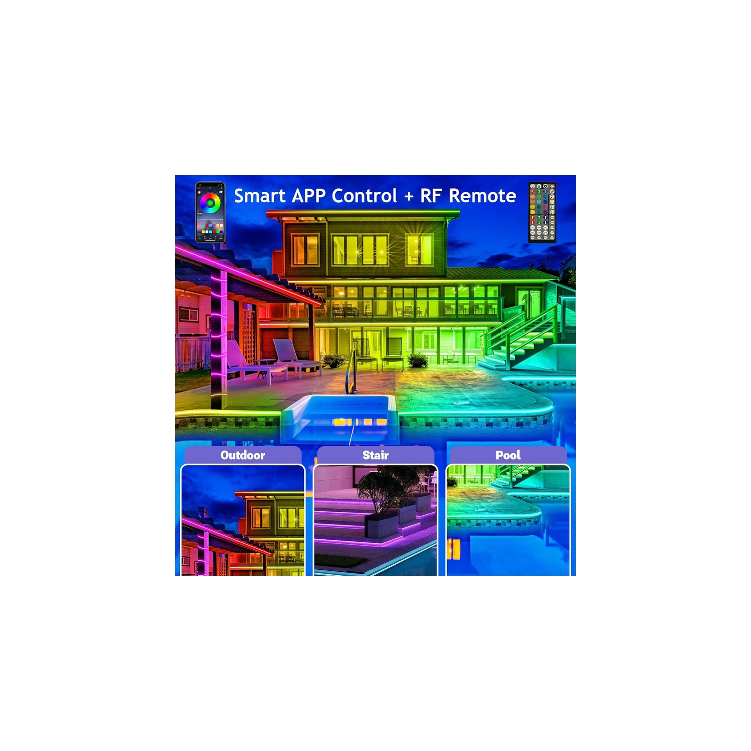 Bande lumineuse extérieure DEL 50&nbsp;pi d'Ollny Decor Lights étanche, bandes lumineuses extérieures DEL IP68 étanches avec application et