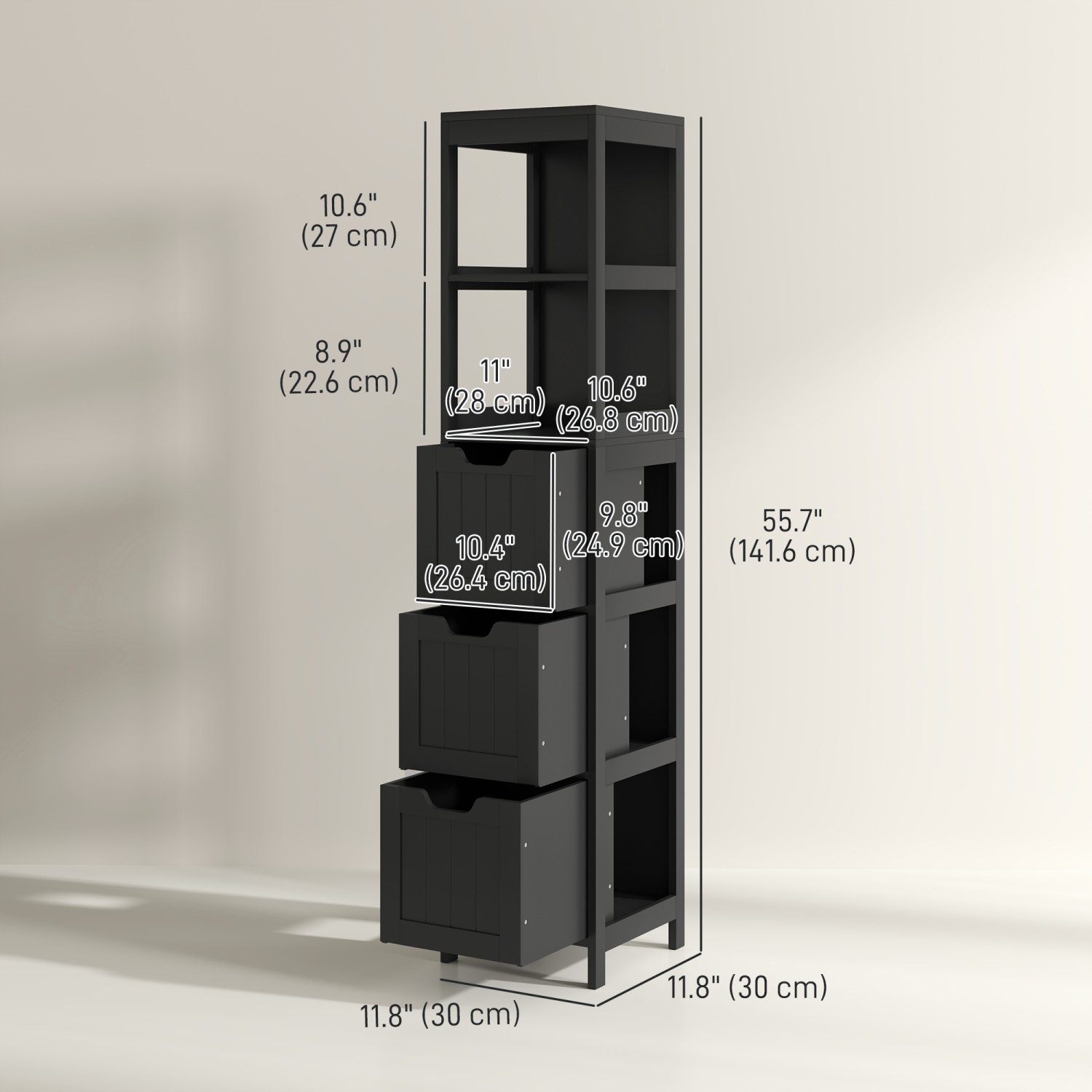 kleankin Narrow Bathroom Cabinet with 3 Drawers and 2 Tier Shelf, Tall Cupboard Freestanding Linen Tower, Black