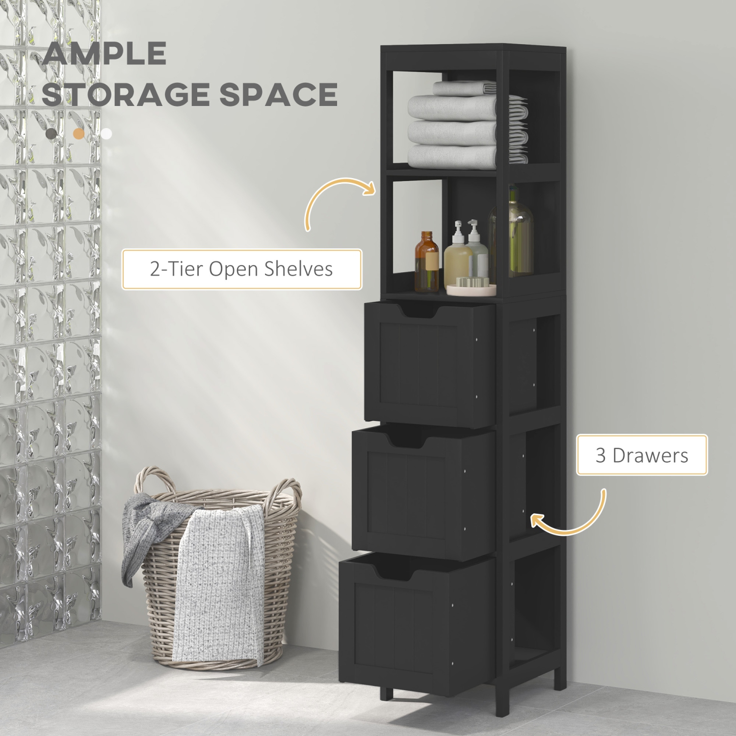 kleankin Narrow Bathroom Cabinet with 3 Drawers and 2 Tier Shelf, Tall Cupboard Freestanding Linen Tower, Black