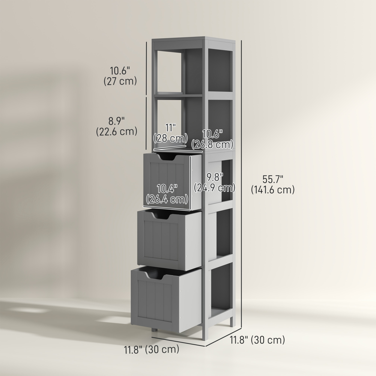 kleankin Narrow Bathroom Cabinet with 3 Drawers and 2 Tier Shelf, Tall Cupboard Freestanding Linen Tower, Grey