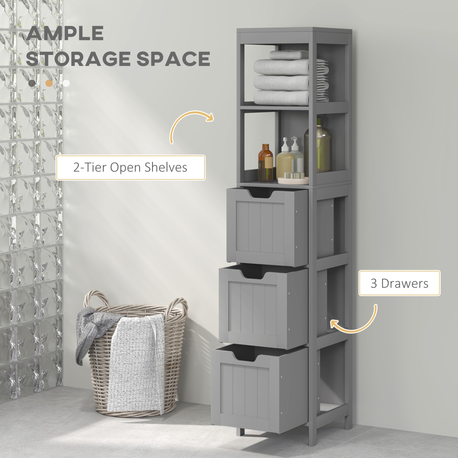 kleankin Narrow Bathroom Cabinet with 3 Drawers and 2 Tier Shelf, Tall Cupboard Freestanding Linen Tower, Grey