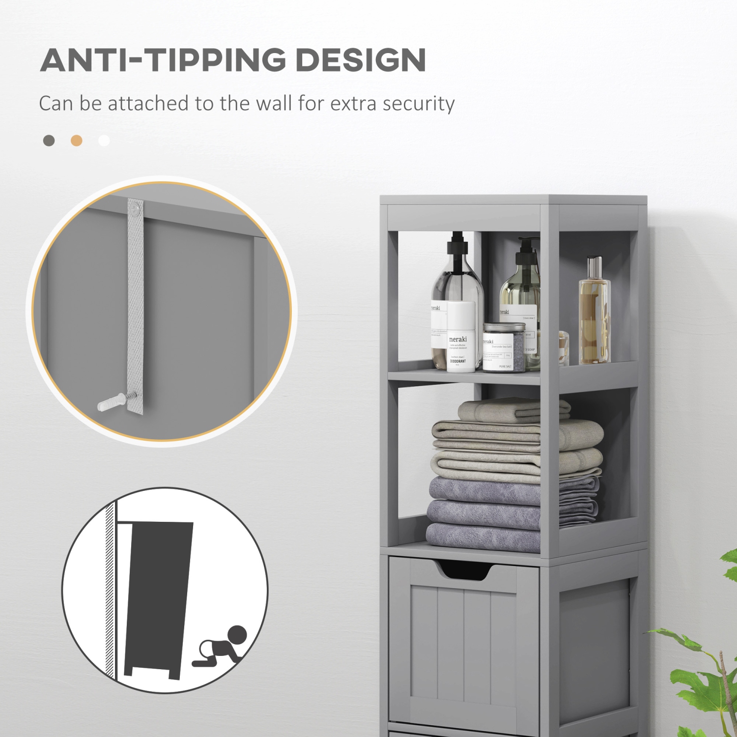 kleankin Narrow Bathroom Cabinet with 3 Drawers and 2 Tier Shelf, Tall Cupboard Freestanding Linen Tower, Grey