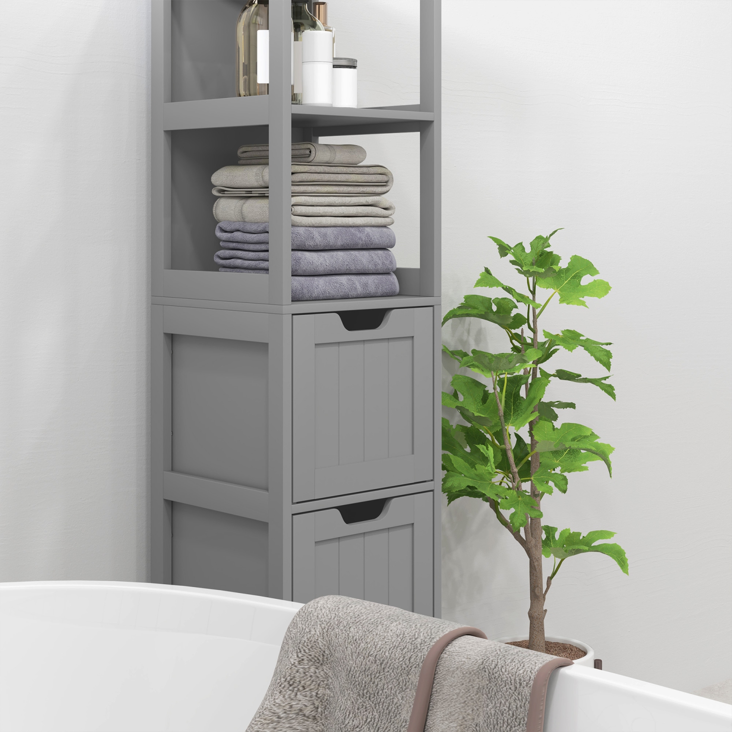 kleankin Narrow Bathroom Cabinet with 3 Drawers and 2 Tier Shelf, Tall Cupboard Freestanding Linen Tower, Grey