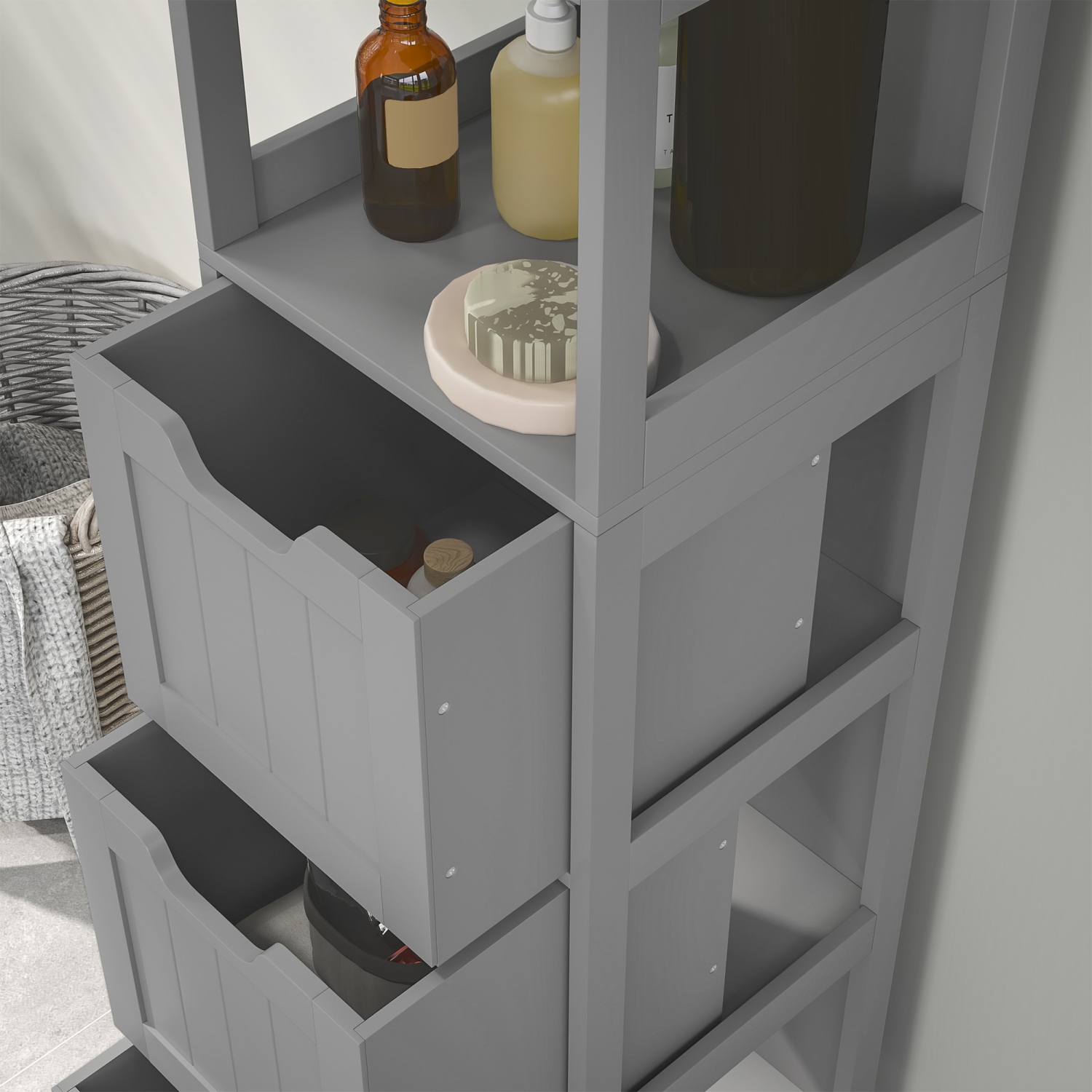 kleankin Narrow Bathroom Cabinet with 3 Drawers and 2 Tier Shelf, Tall Cupboard Freestanding Linen Tower, Grey