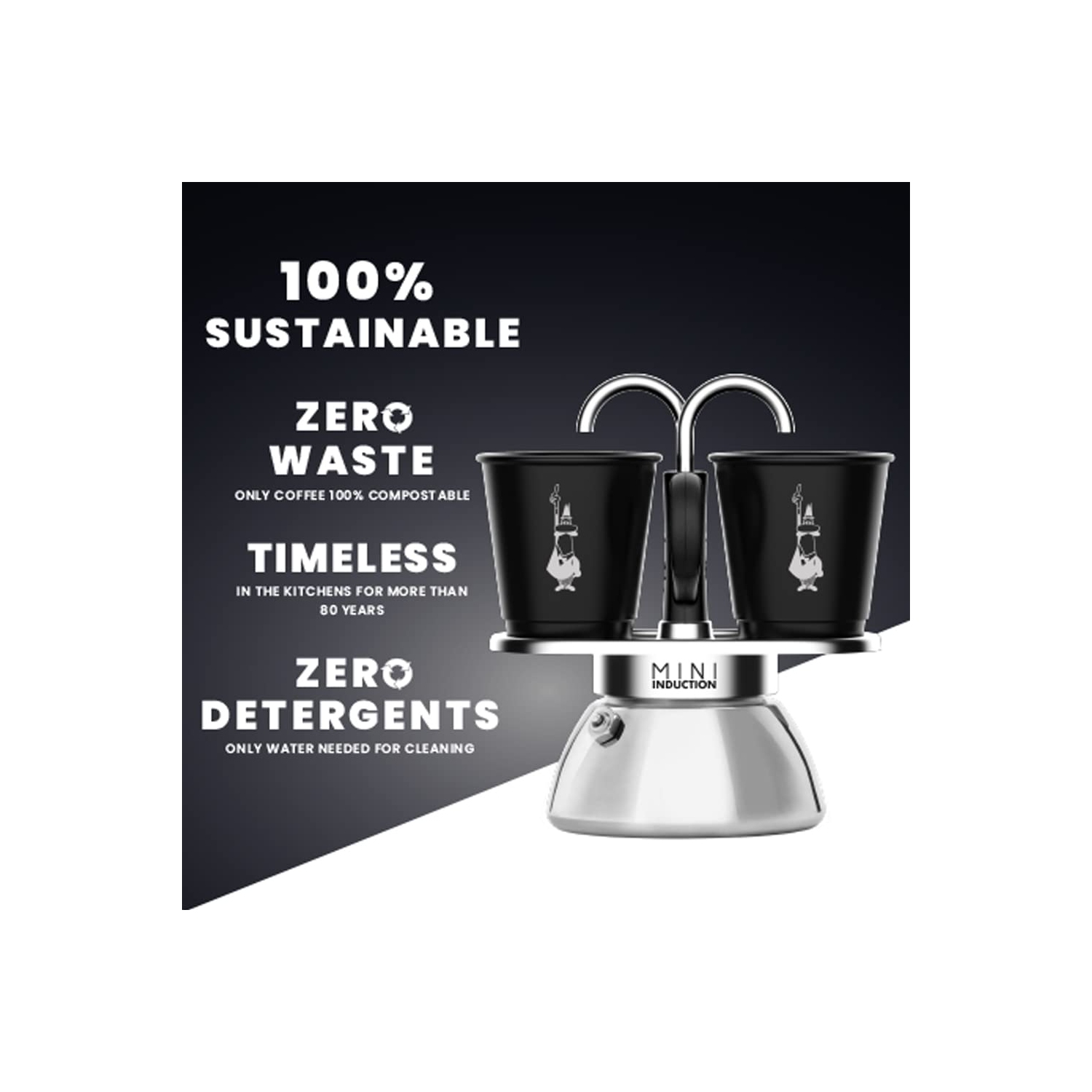 Bialetti Mini Express Induction 2-Cup Stovetop Espresso Maker with Cups, Silver/Black