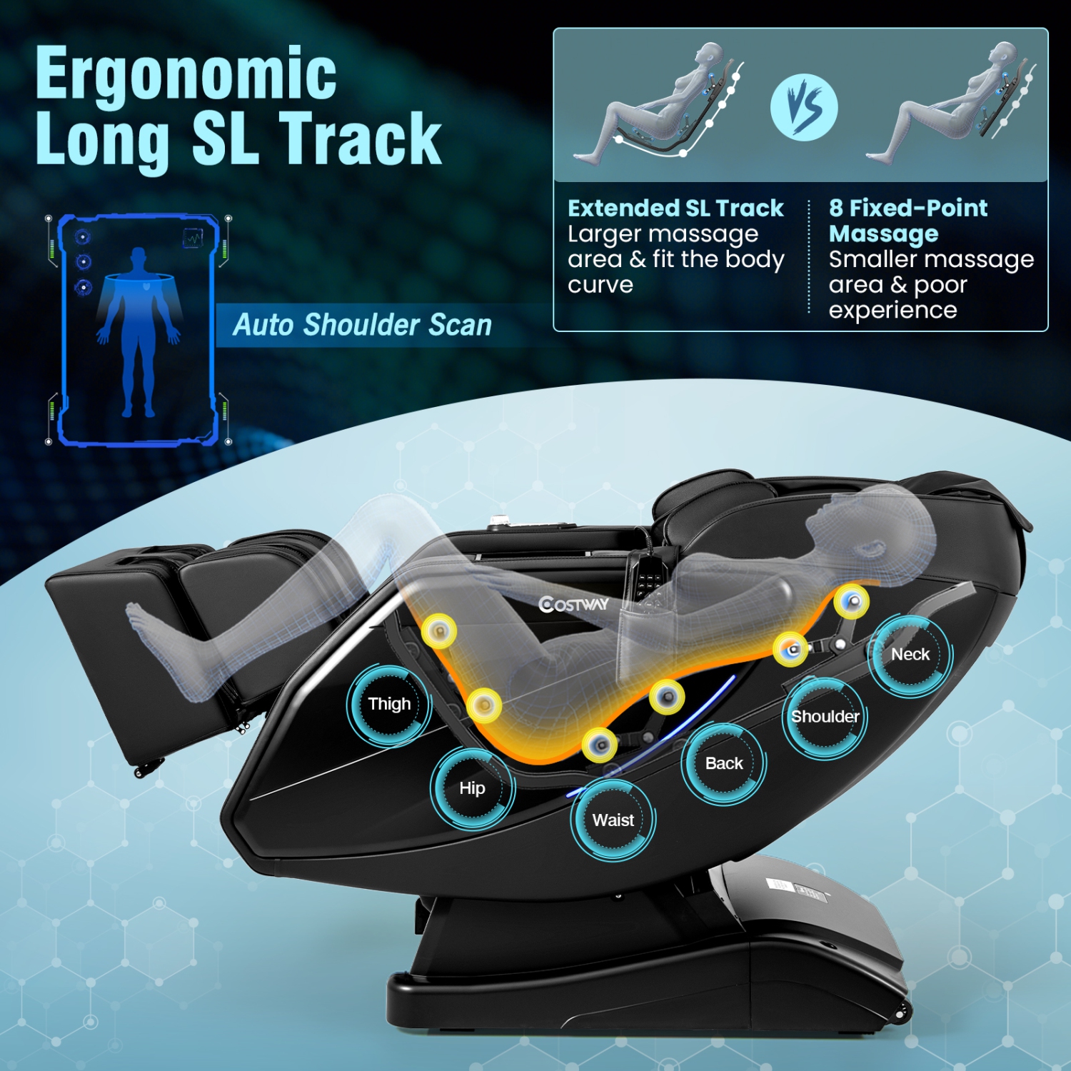 Fauteuil de massage 4&nbsp;deniers de Costway, fauteuil de massage Track Zero Gravity Full Body SL, coussin chauffant taille, coussin gonflable de