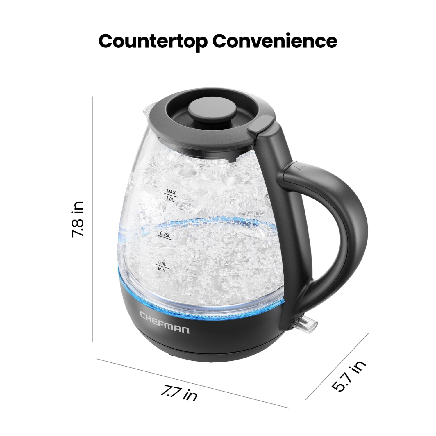 Chefman 1L Electric Glass Kettle w/ LED Indicator Light, Automatic Shutoff - Black