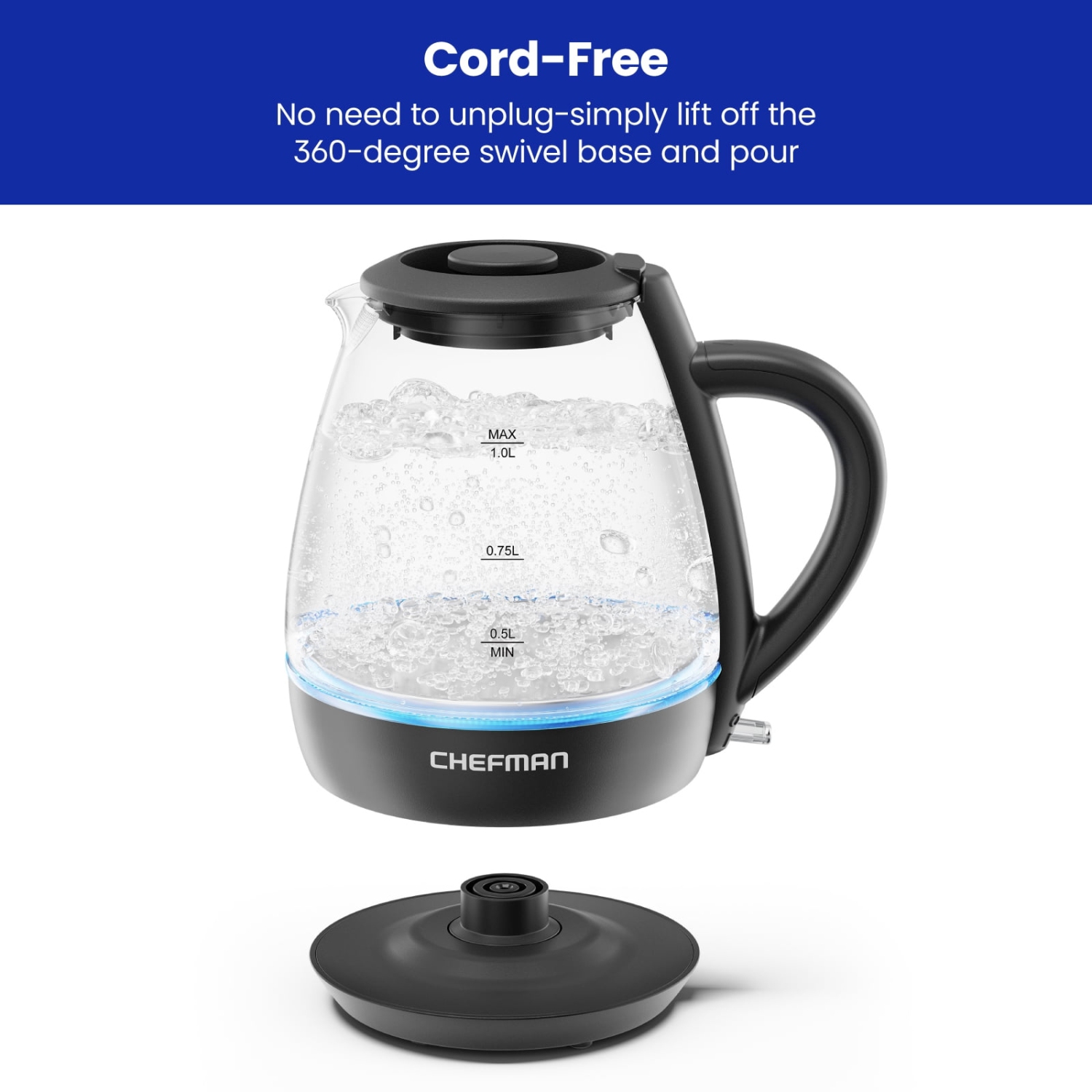 Chefman 1L Electric Glass Kettle w/ LED Indicator Light, Automatic Shutoff - Black