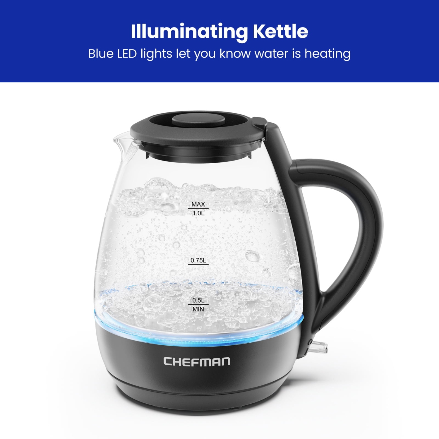 Chefman 1L Electric Glass Kettle w/ LED Indicator Light, Automatic Shutoff - Black