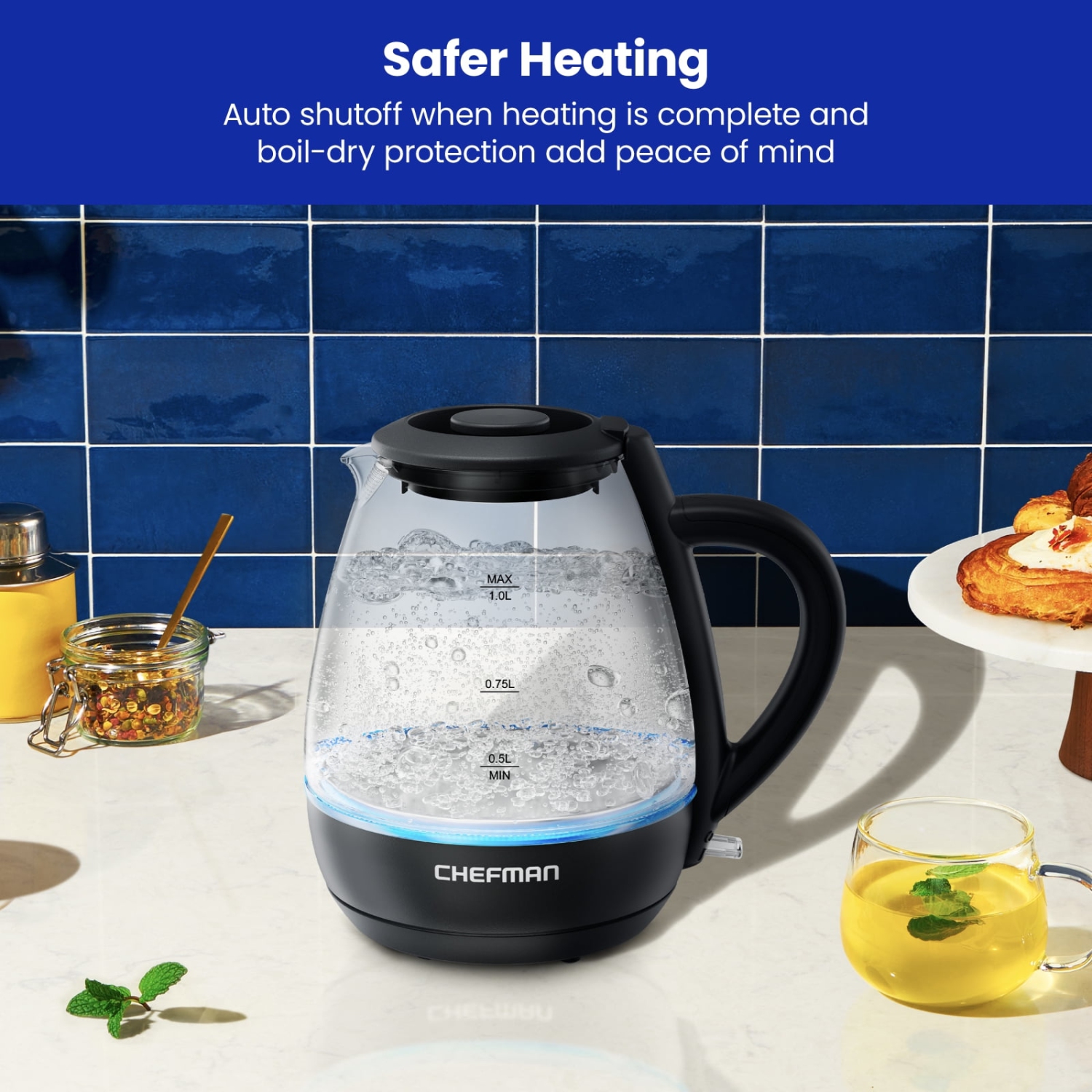 Chefman 1L Electric Glass Kettle w/ LED Indicator Light, Automatic Shutoff - Black