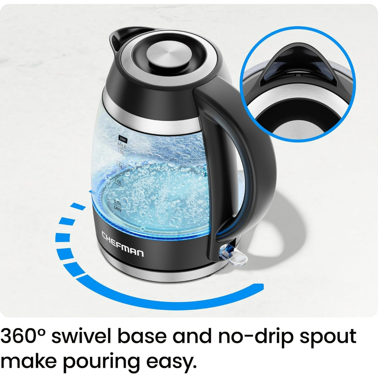 Bouilloire électrique Rapid-Boil 1,8 L de Chefman avec couvercle amovible et voyants DEL - Noir